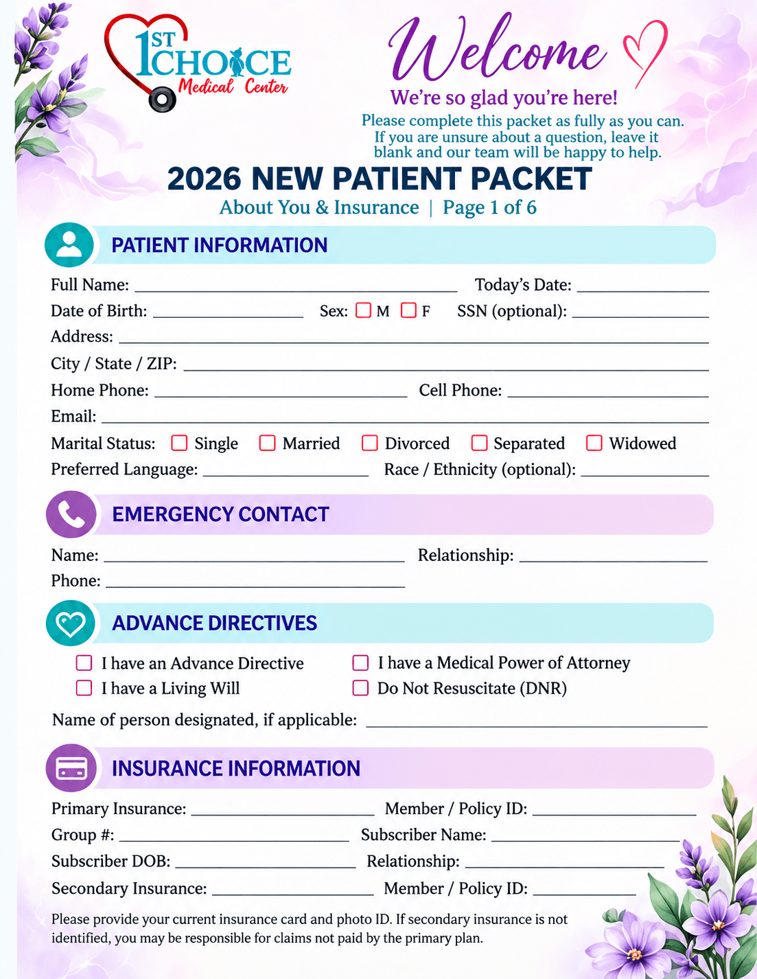 Floral cover of the 2026 First Choice new patient packet.