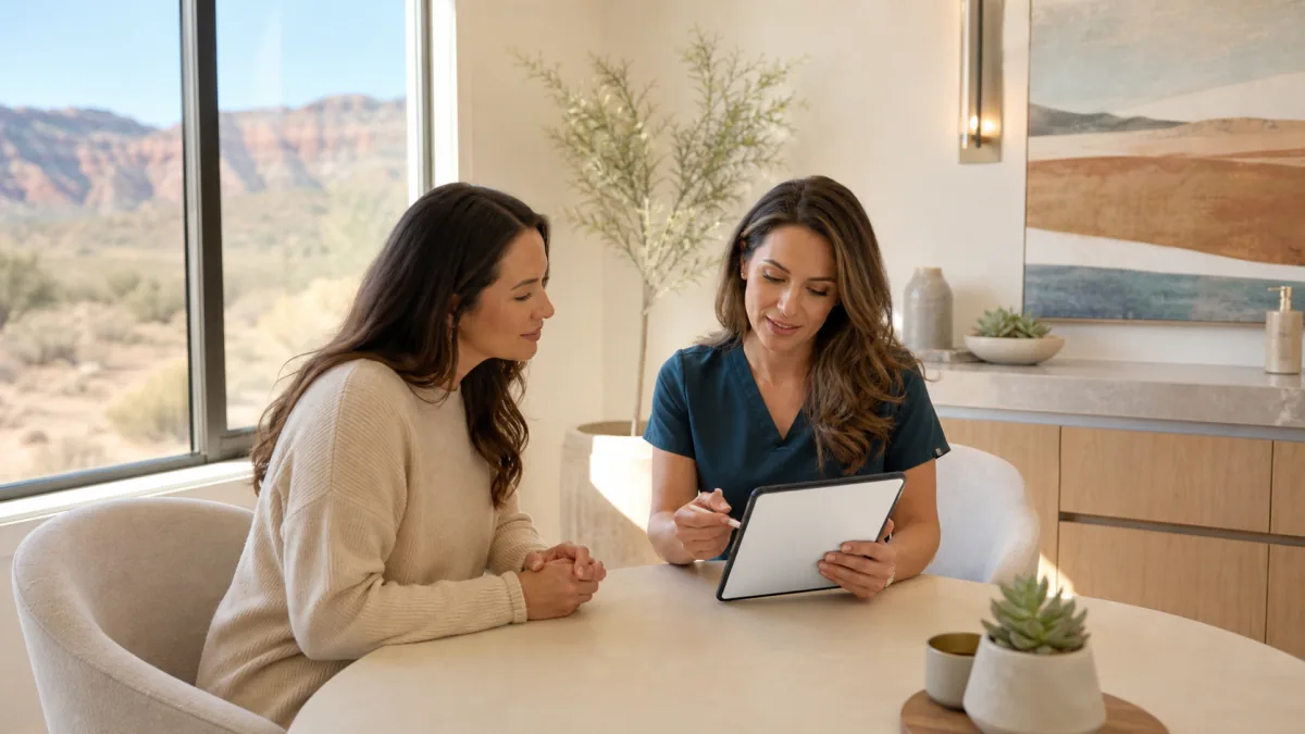 Medical aesthetics professional reviewing a treatment plan with an adult patient